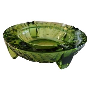 Vtg 60s Heavy Cut Glass Ashtray Chartreuse Green Round 4 Legs Smoker's Gift